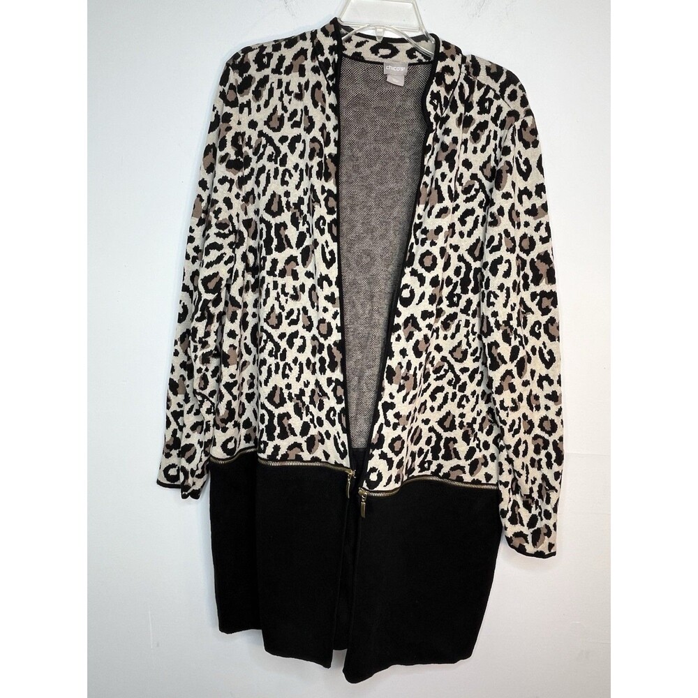 Chicos 2 in 1 zippable  Leopard Black Sweater Jacket Cardigan sz 3 / 16 XL (15)